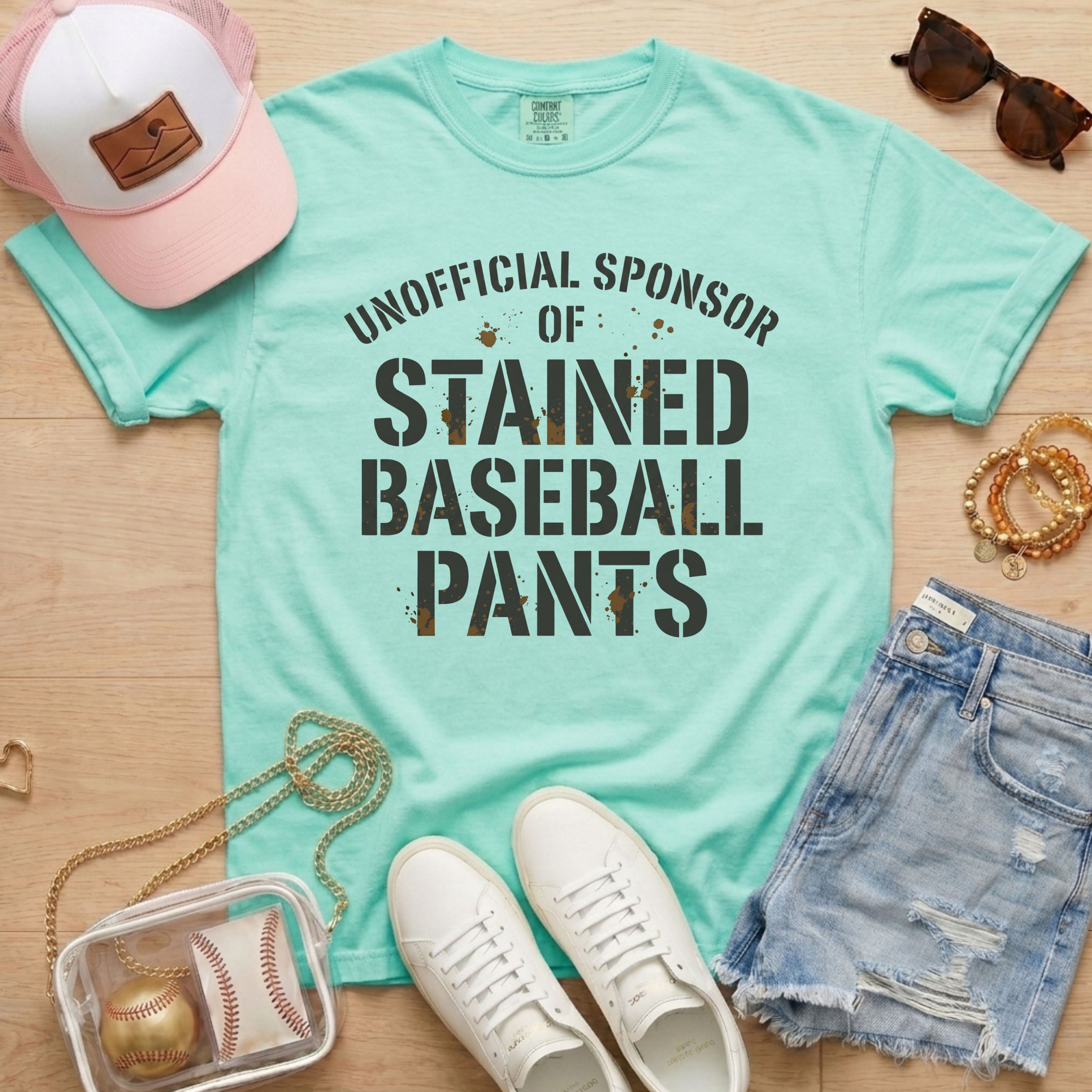 Funny baseball mom shirt unofficial sponsor of stained baseball pants mint green relaxed fit tee