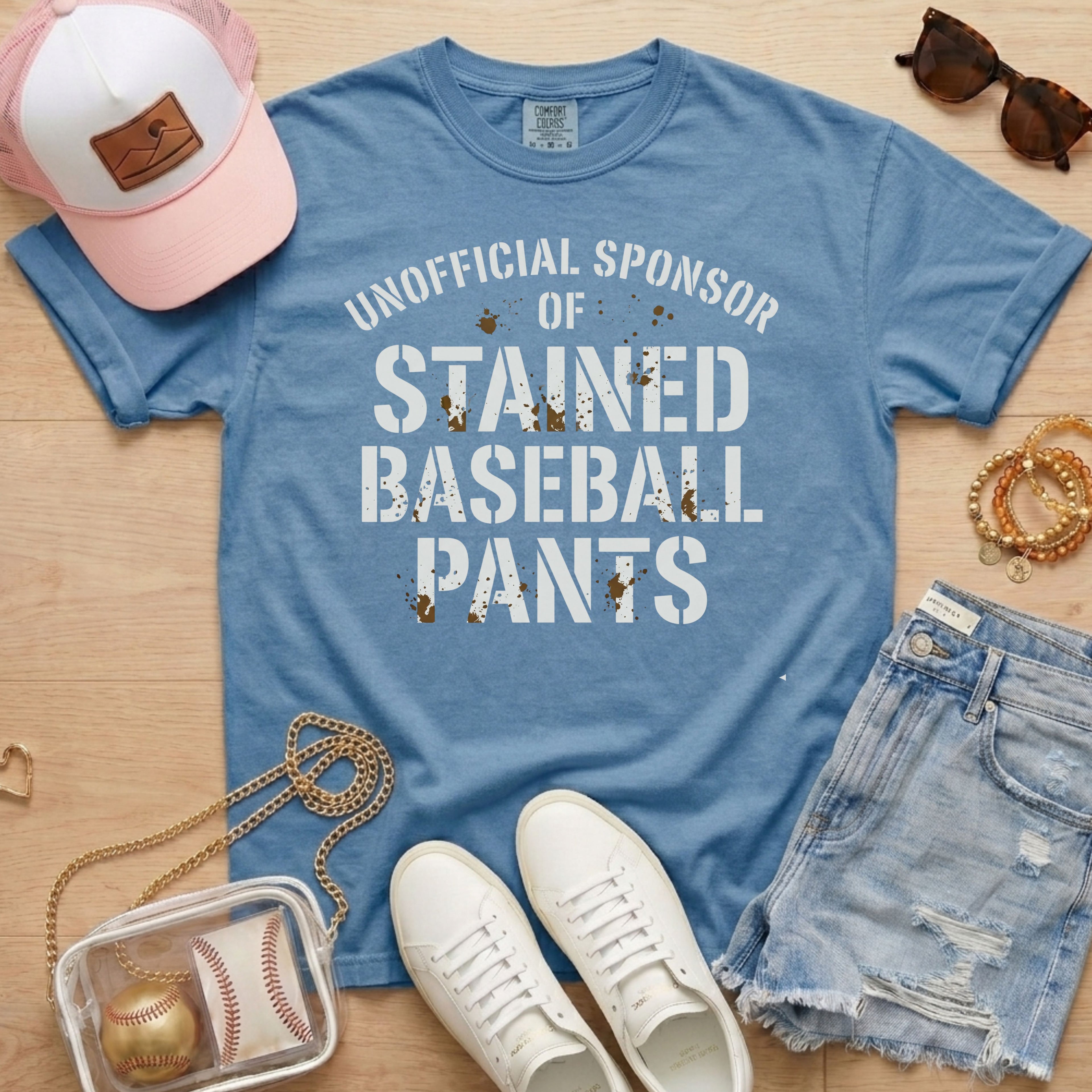 Funny baseball mom shirt unofficial sponsor of stained baseball pants blue game day outfit