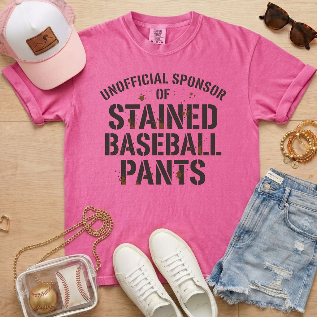Funny baseball mom shirt unofficial sponsor of stained baseball pants pink game day outfit casual mom style