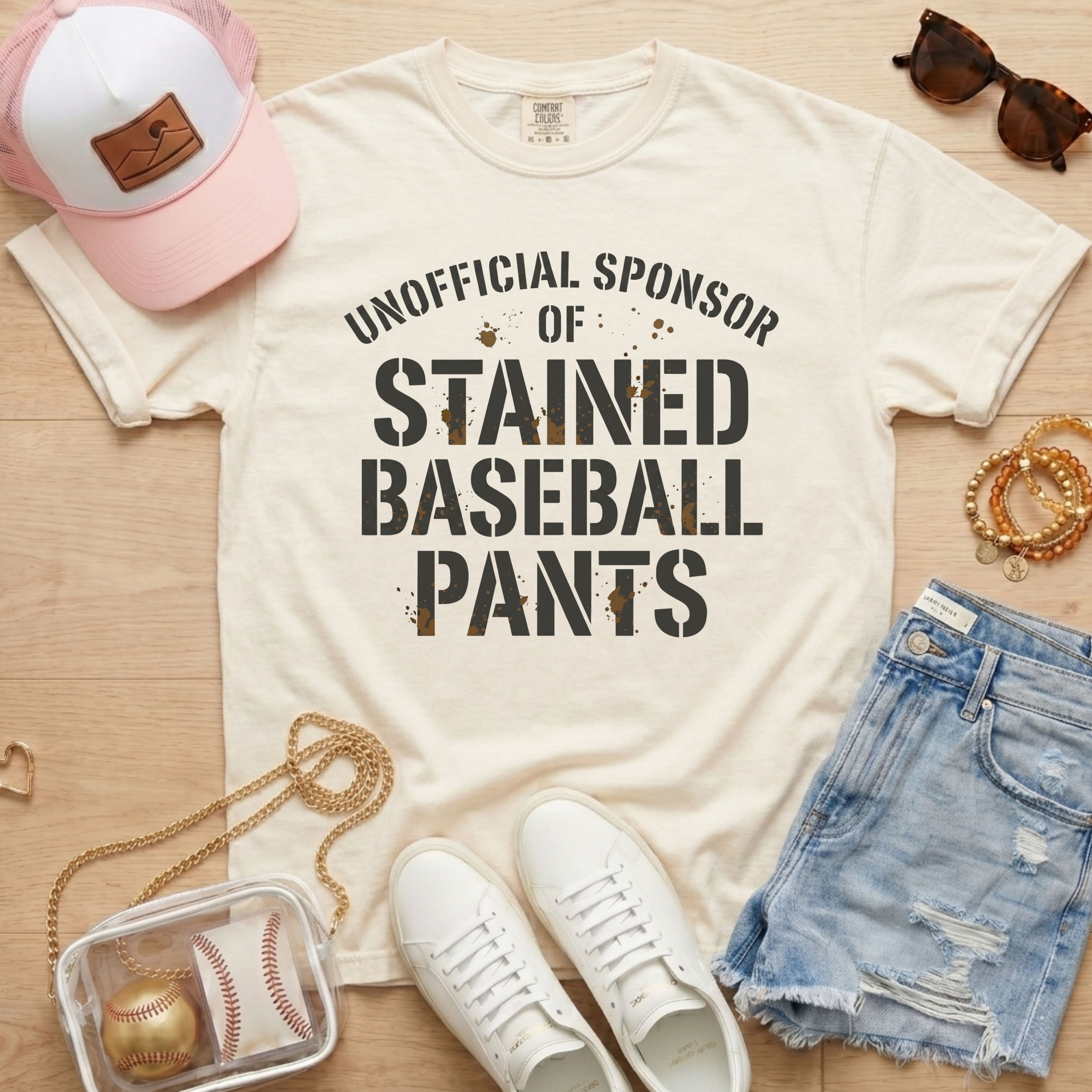 Funny baseball mom shirt unofficial sponsor of stained baseball pants ivory casual mom outfit