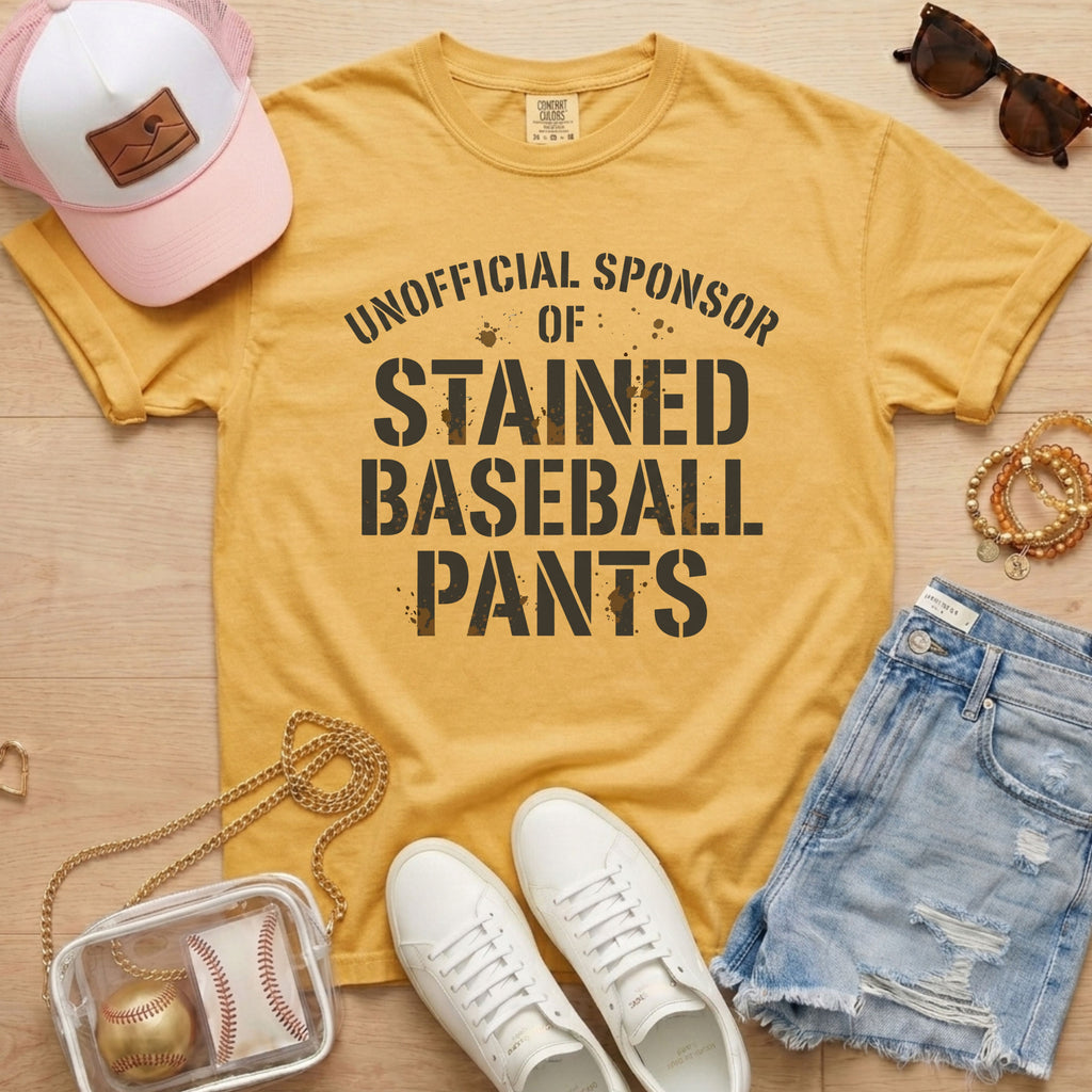 Funny baseball mom shirt unofficial sponsor of stained baseball pants mustard vintage style tee