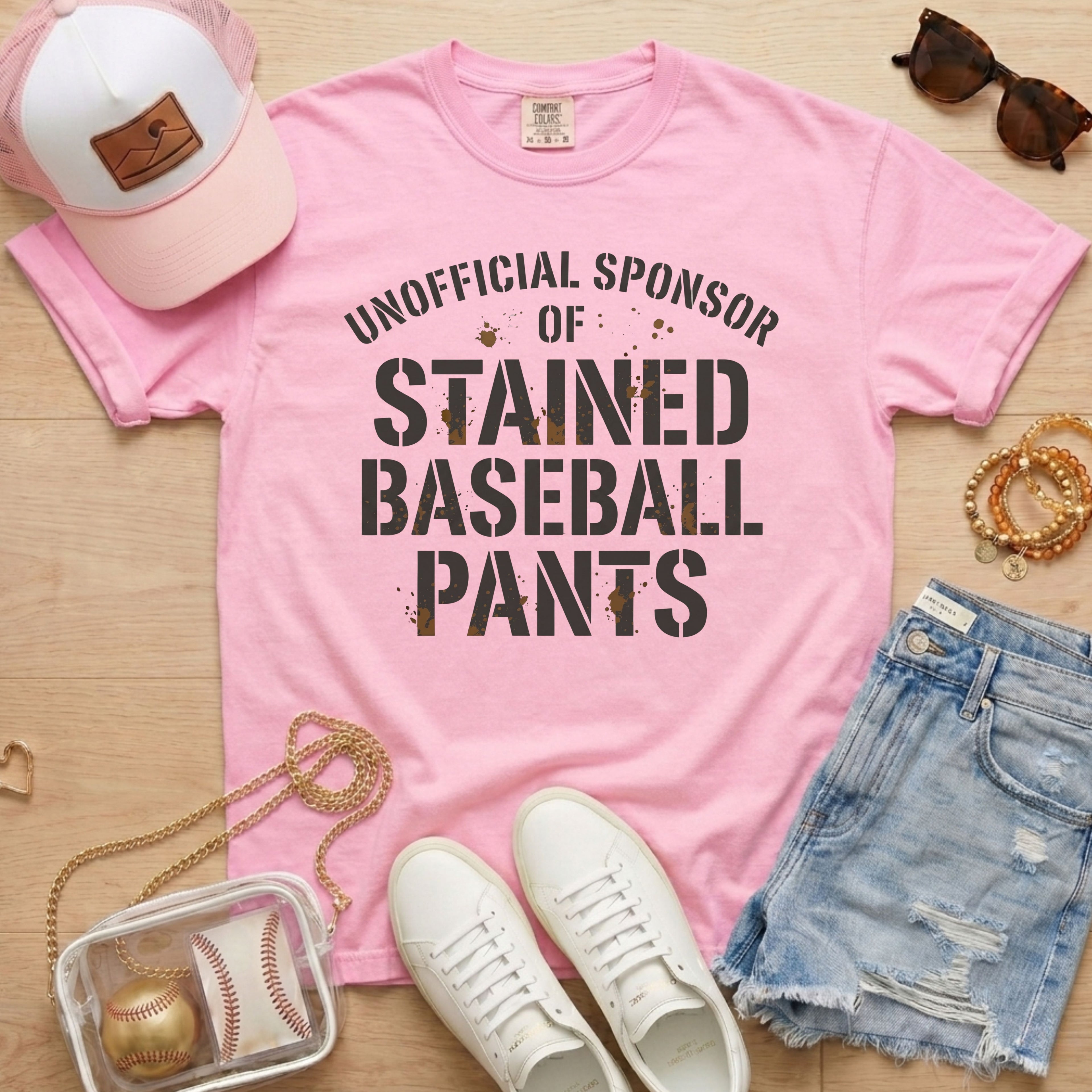Funny baseball mom shirt unofficial sponsor of stained baseball pants pink cute game day style