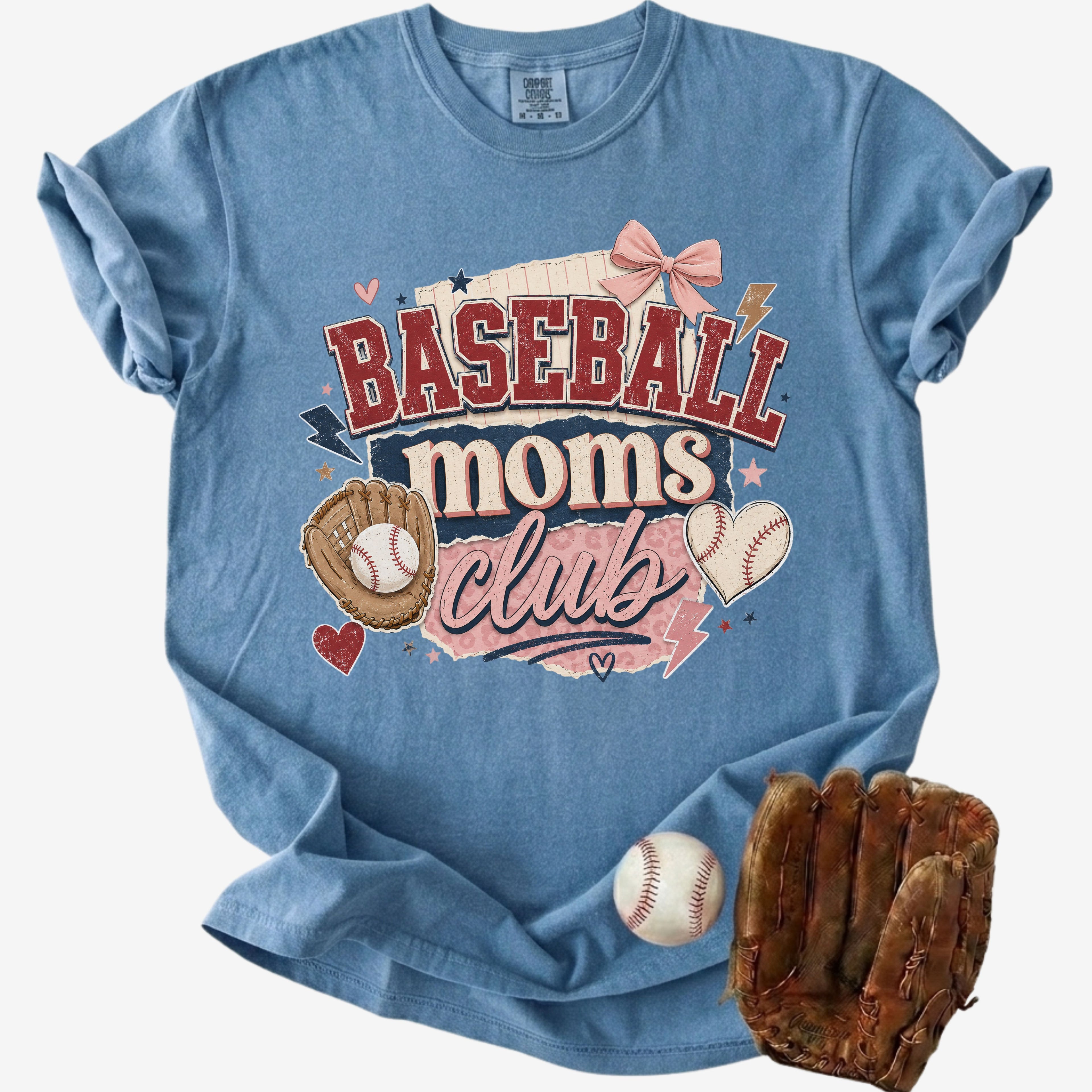 Baseball Moms Club Comfort Colors tee in blue jean on white background with baseball and glove.