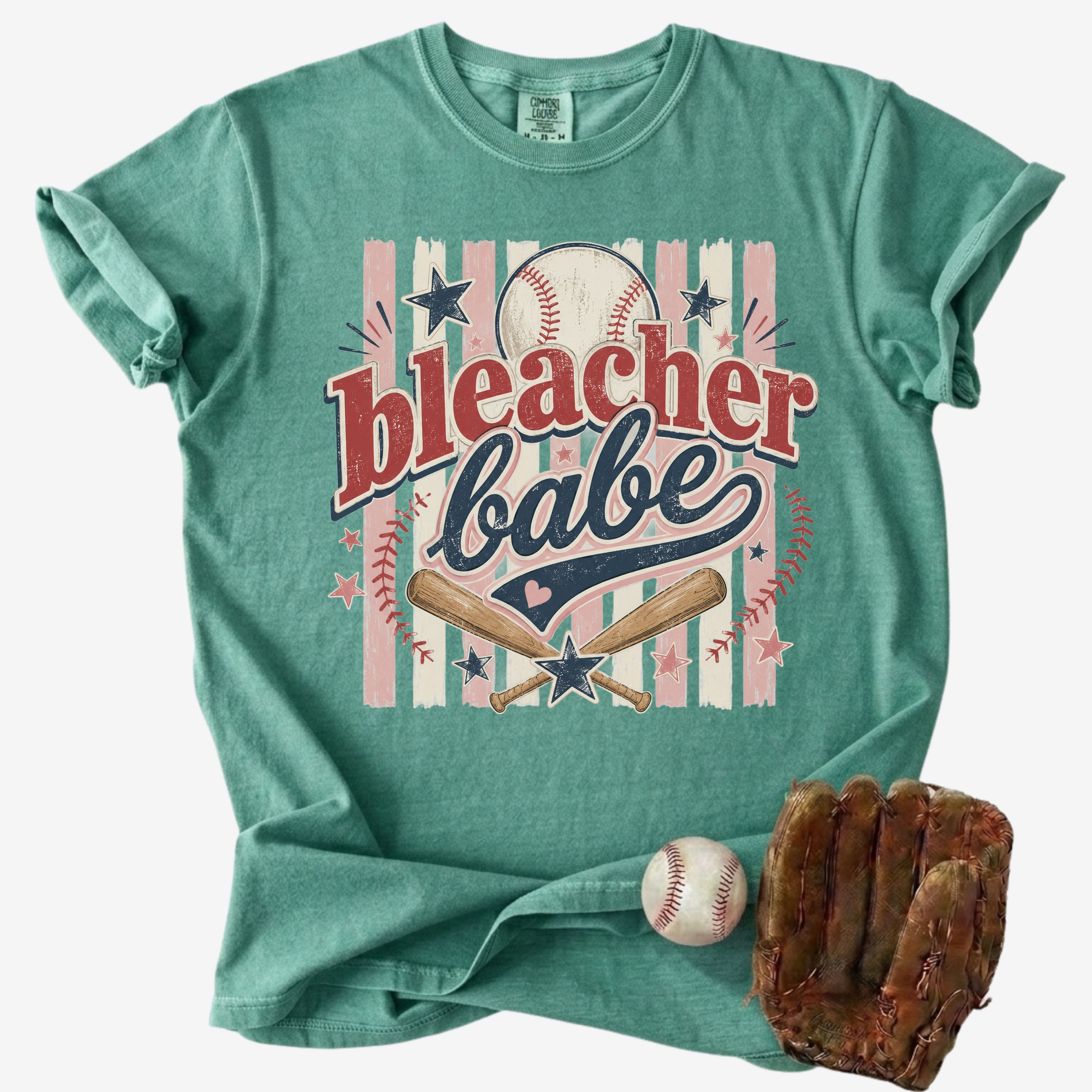 Bleacher Babe baseball mom Comfort Colors tee on white background with baseball and glove.