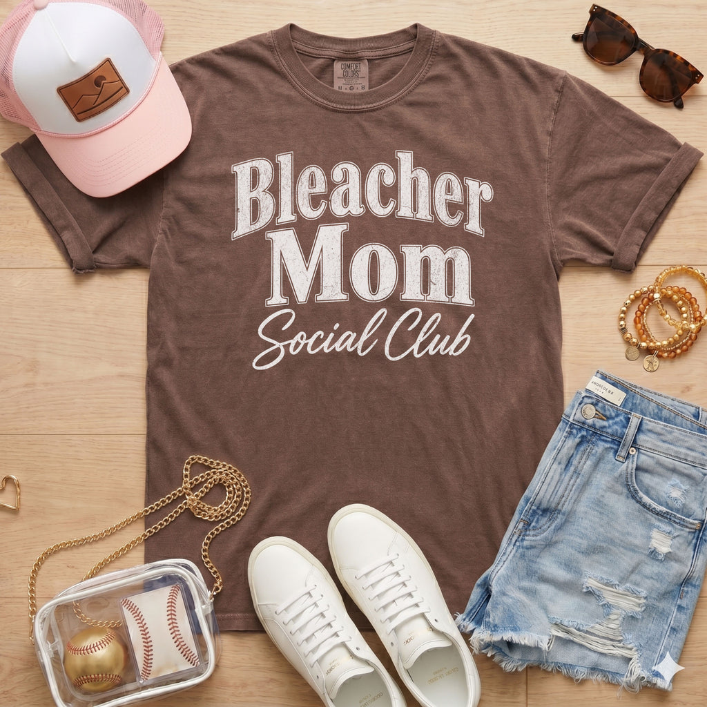 Espresso Bleacher Mom Social Club baseball mom graphic tee