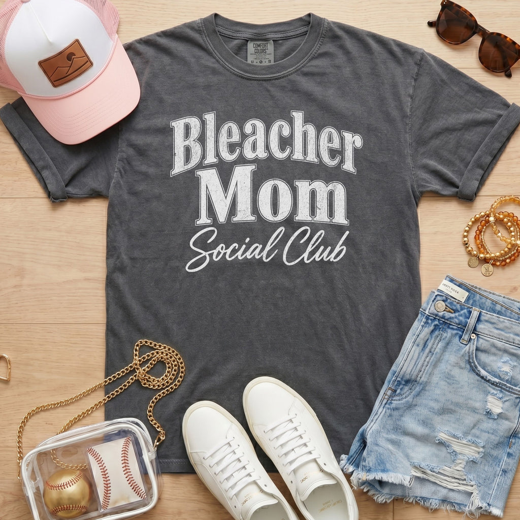 Bleacher Mom Social Club baseball mom shirt in pepper gray