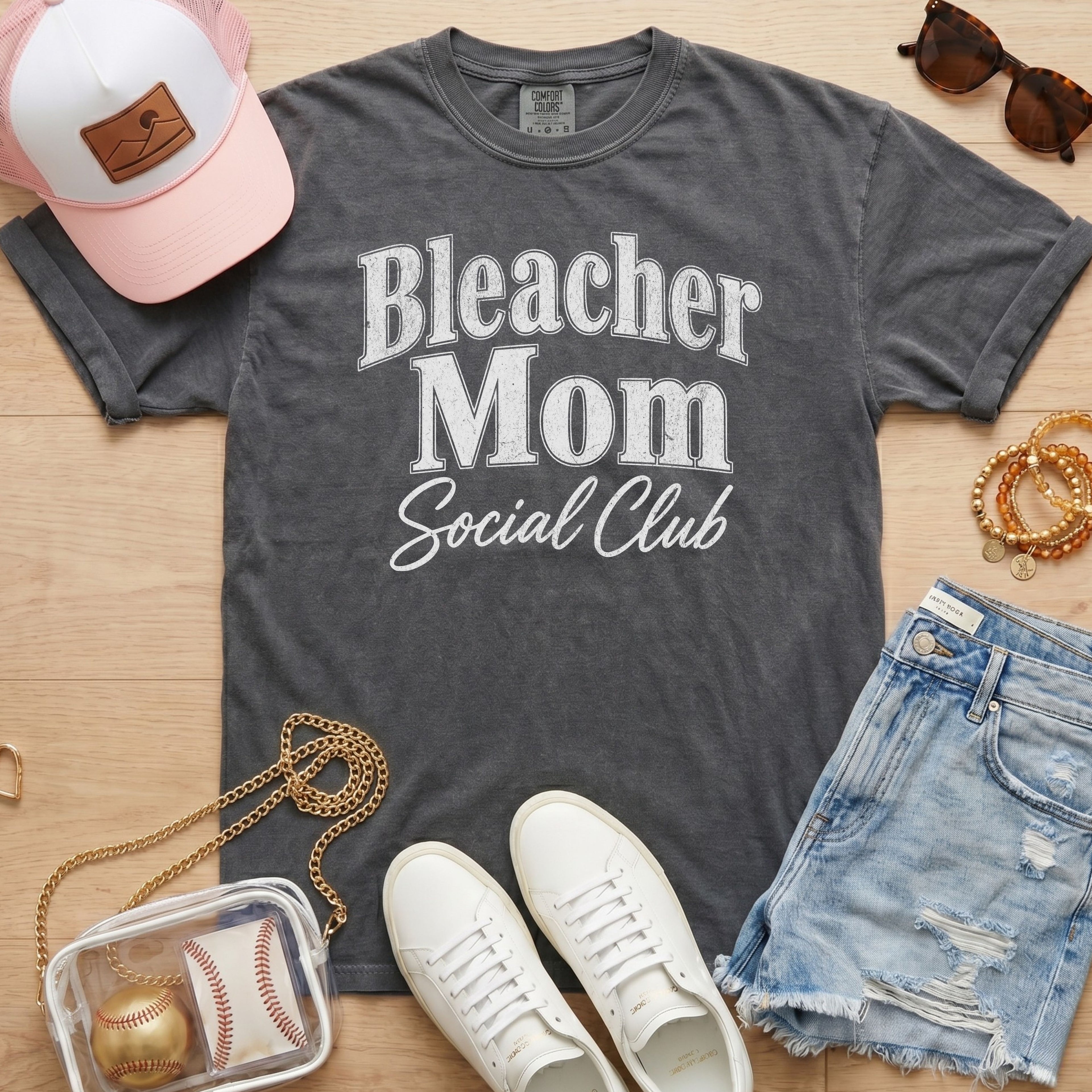 Bleacher Mom Social Club baseball mom shirt in pepper gray