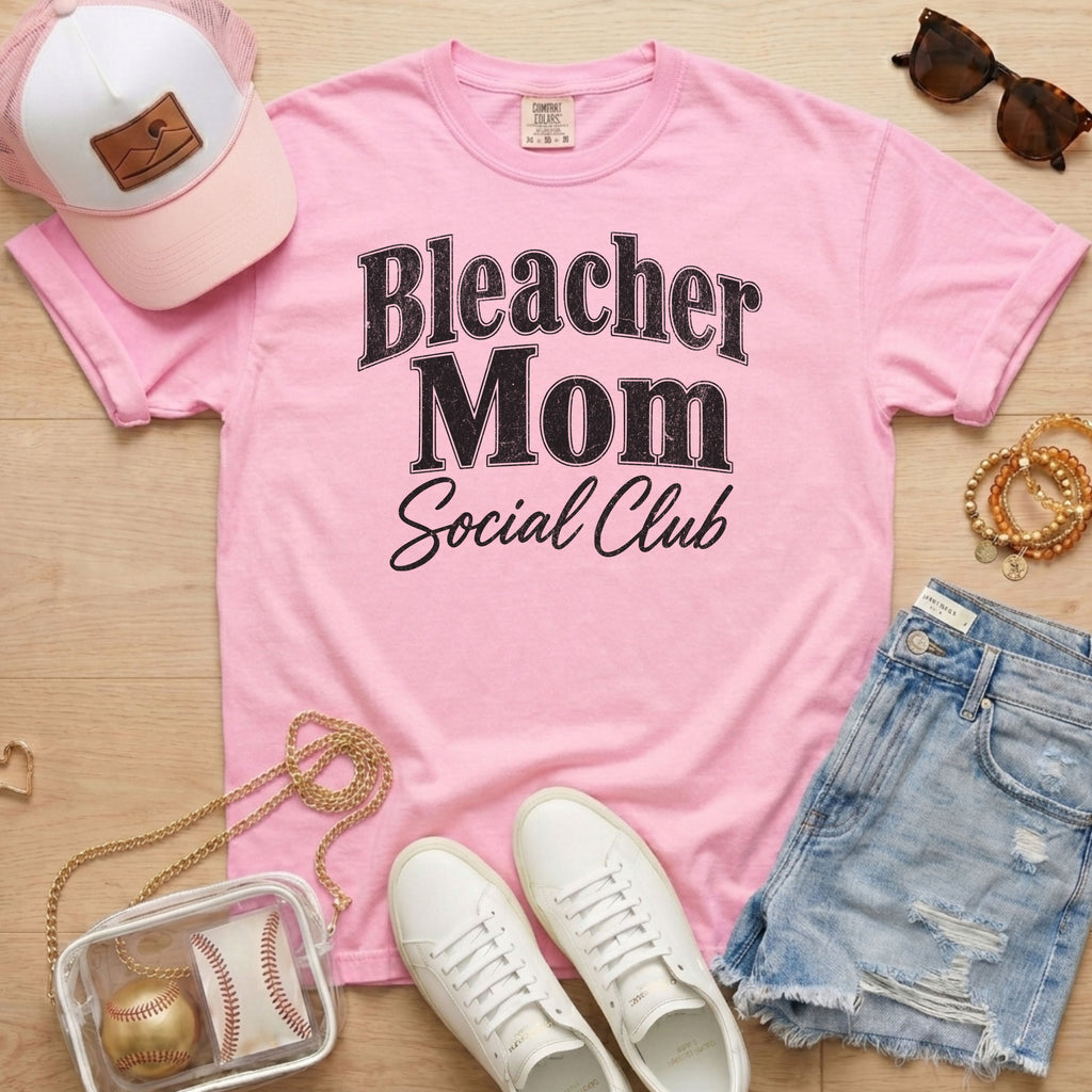 Pink Bleacher Mom Social Club baseball mom tee