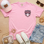 Pink Comfort Colors 1717 t-shirt featuring a vintage Baseball Mom shield logo for game day outfits