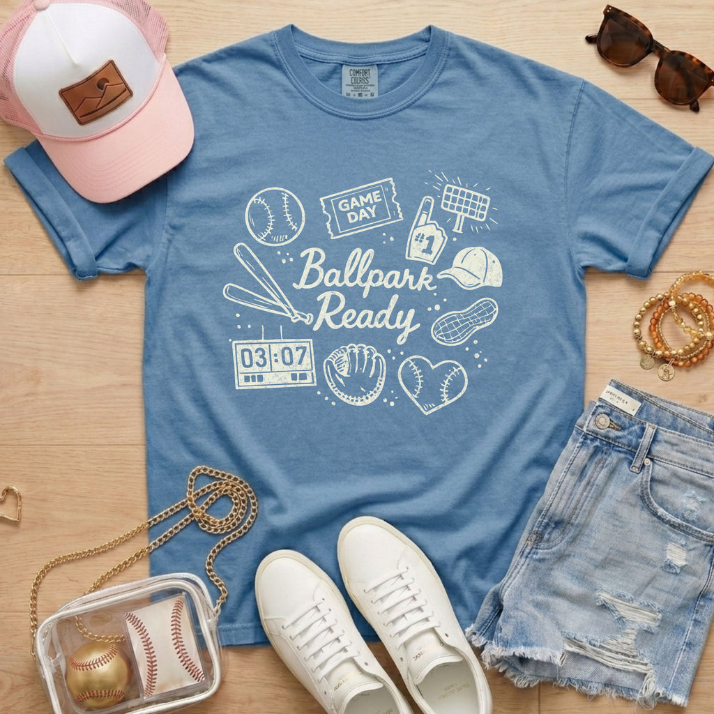 baseball mom shirt ballpark ready graphic on blue comfort colors tee casual baseball outfit