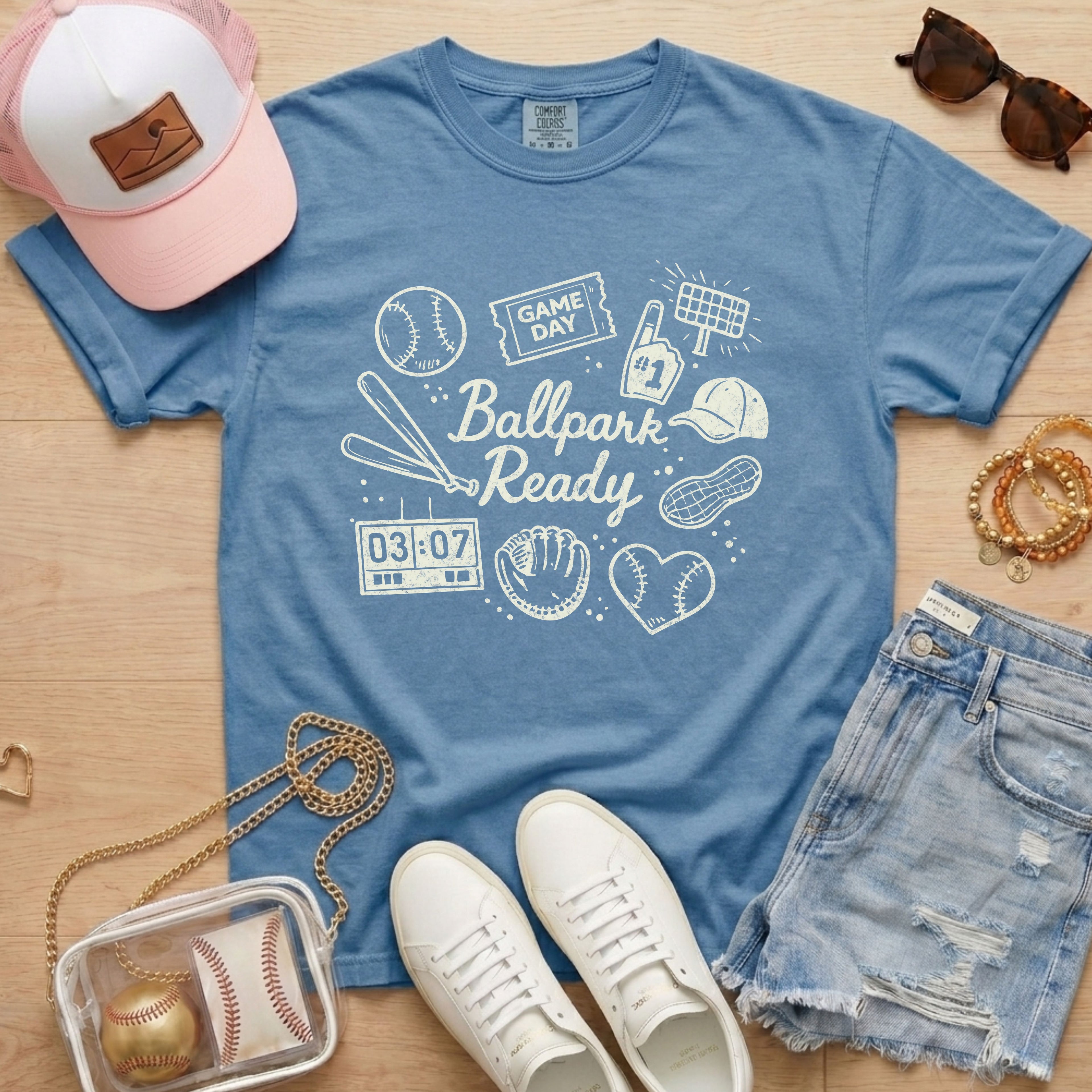 baseball mom shirt ballpark ready graphic on blue comfort colors tee casual baseball outfit