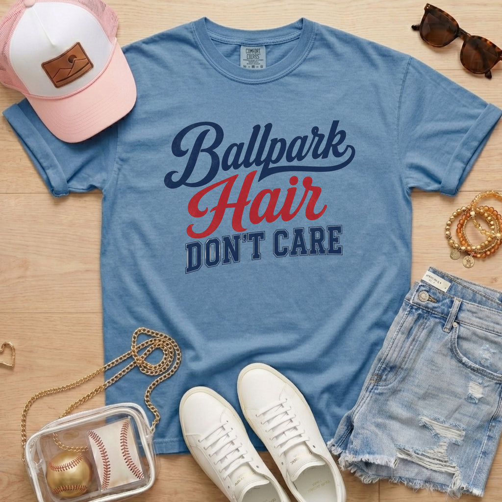 Blue Jean Comfort Colors funny baseball game day shirt featuring the Ballpark Hair Don’t Care design, styled as a cute baseball mom outfit.