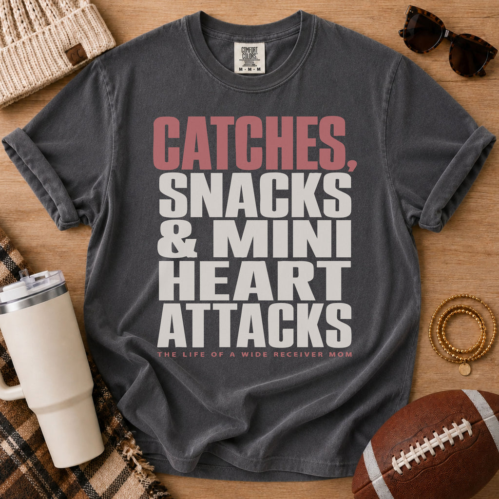 Wide receiver mom graphic T-shirt shown in cream Comfort Colors Ivory, olive green Moss and charcoal gray Pepper color options.