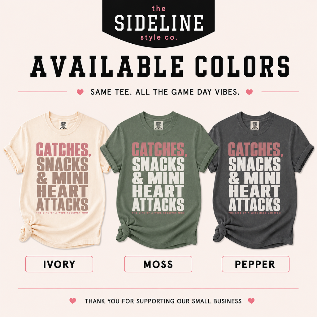 Wide receiver mom graphic T-shirt shown in cream Comfort Colors Ivory, olive green Moss and charcoal gray Pepper color options.
