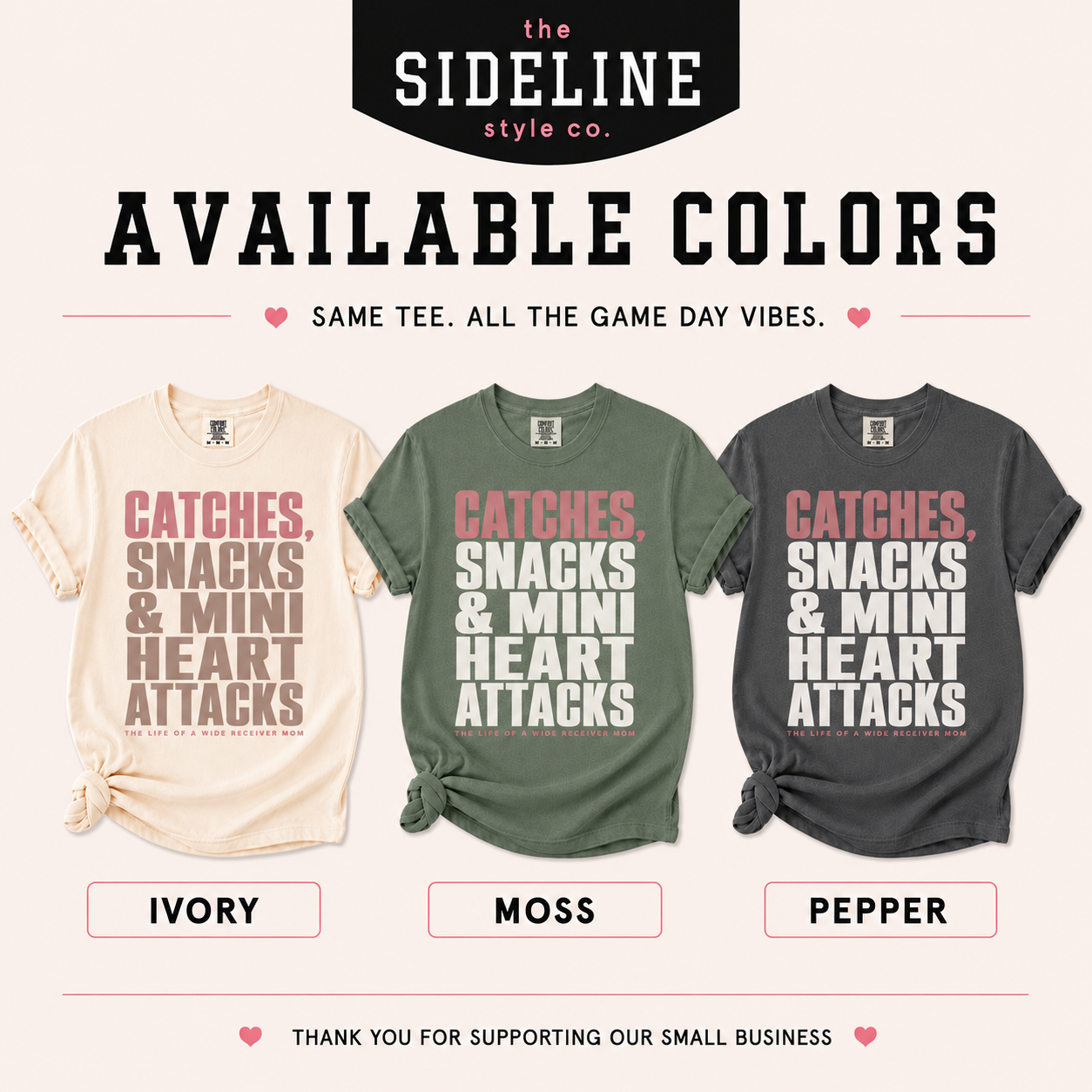 Wide receiver mom graphic T-shirt shown in cream Comfort Colors Ivory, olive green Moss and charcoal gray Pepper color options.