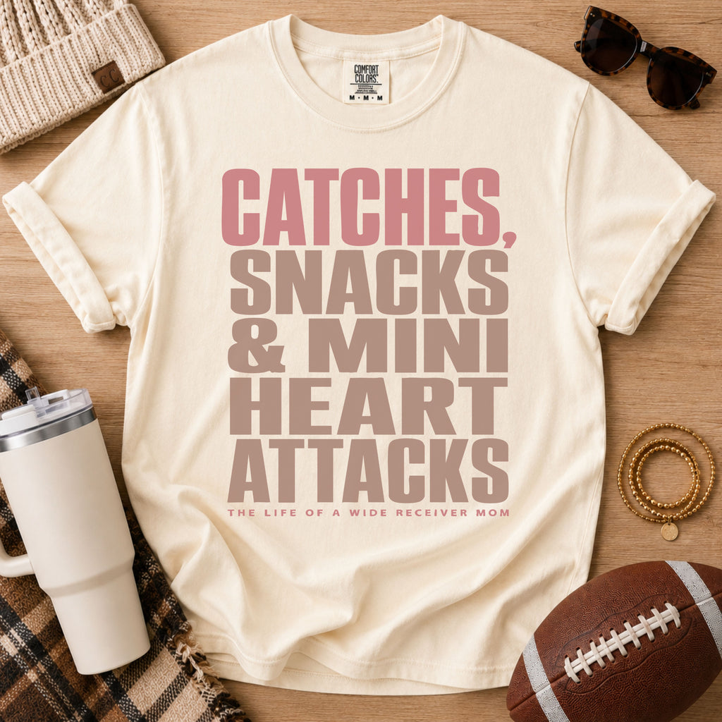 Cream wide receiver mom shirt, Comfort Colors Ivory, styled with football game day accessories and bold retro typography.