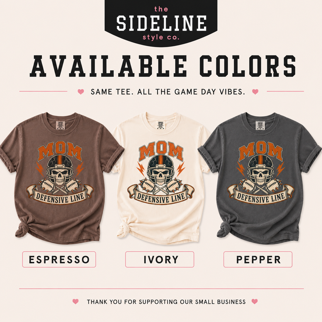 Defensive line football mom graphic T-shirt shown in charcoal gray Pepper, cream Ivory and dark brown Espresso color options.