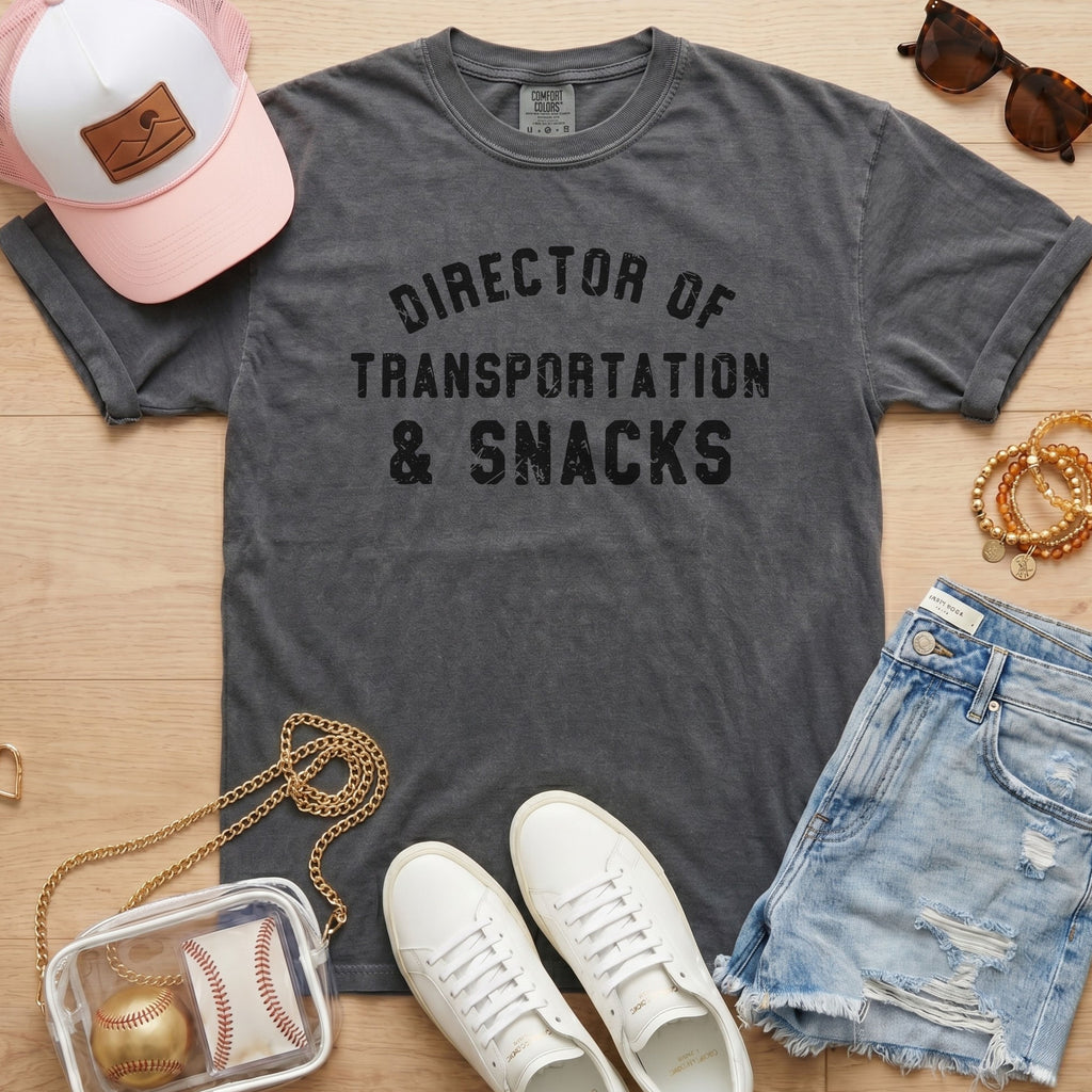 Flat lay of a distressed charcoal grey t-shirt with the slogan 'DIRECTOR OF TRANSPORTATION & SNACKS' and a pink trucker hat.