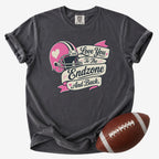 Retro football mom graphic T-shirt in charcoal gray, Comfort Colors Pepper, shown from the front with a football and pink endzone design.