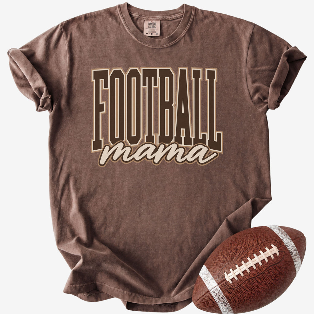 Espresso Comfort Colors football mama shirt with varsity and script design for game day.