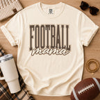 Ivory Comfort Colors football mama shirt with brown varsity design for game day.