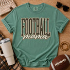 Light Green Comfort Colors football mama shirt with varsity and script design.