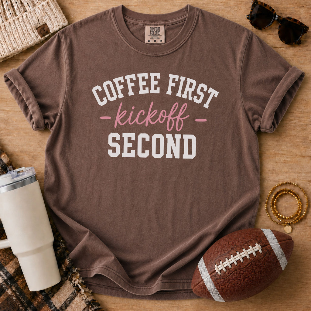Espresso Comfort Colors football mom shirt with Coffee First Kickoff Second design and football prop.