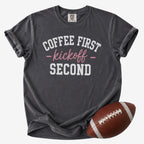 Pepper football mom shirt with Coffee First Kickoff Second design worn at a youth football game.