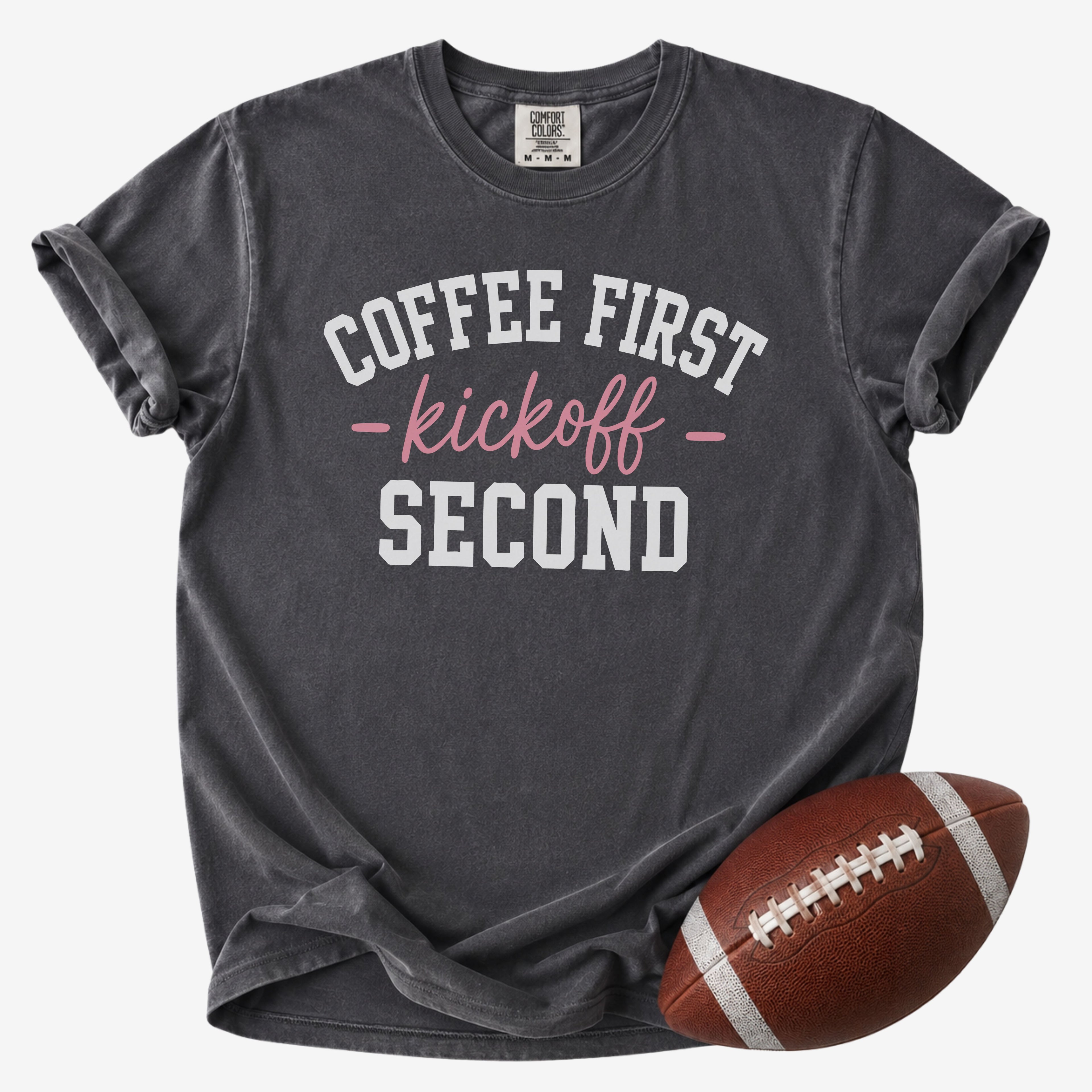 Pepper football mom shirt with Coffee First Kickoff Second design worn at a youth football game.