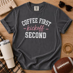 Pepper Comfort Colors football mom shirt with Coffee First Kickoff Second design and football prop.