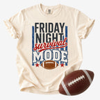 Ivory football mom shirt with Friday Night Survival Mode graphic and football game day styling.