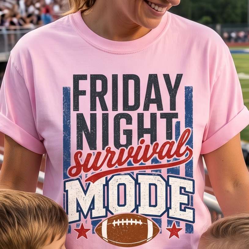 Football mom wearing a Blossom Friday Night Survival Mode shirt at a Friday night football game.