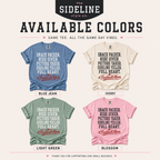 Available colors for the Full Heart football mom Comfort Colors shirt in Blue Jean, Ivory, Light Green, and Blossom.