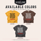 Available colors for the Full Heart football mom Comfort Colors shirt in Mustard, Espresso, and Pepper Grey.