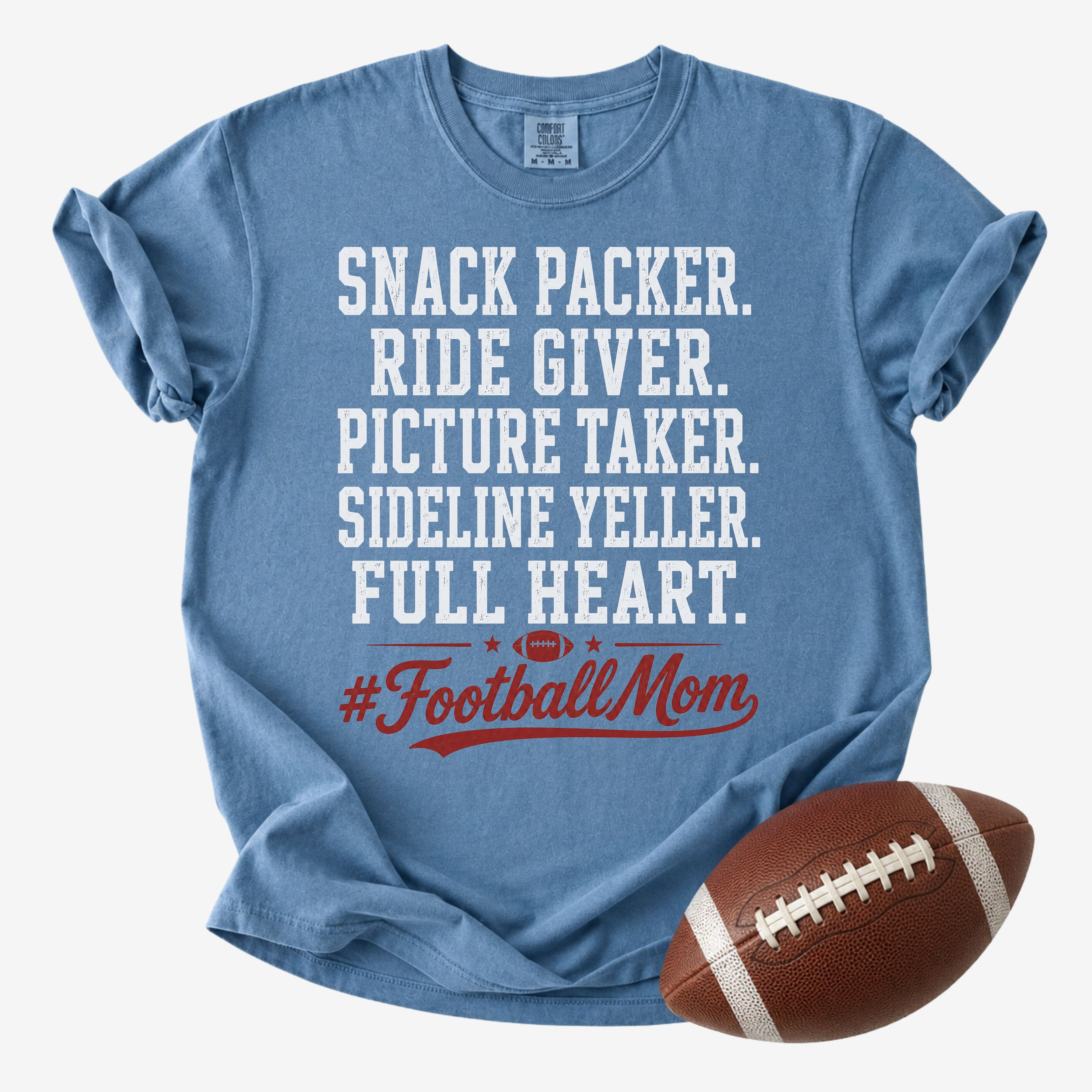 Blossom Comfort Colors football mom shirt with Snack Packer, Ride Giver, Picture Taker, Sideline Yeller, Full Heart design.