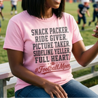 Football mom wearing a Blossom shirt with Snack Packer, Ride Giver, Picture Taker design on the bleachers.
