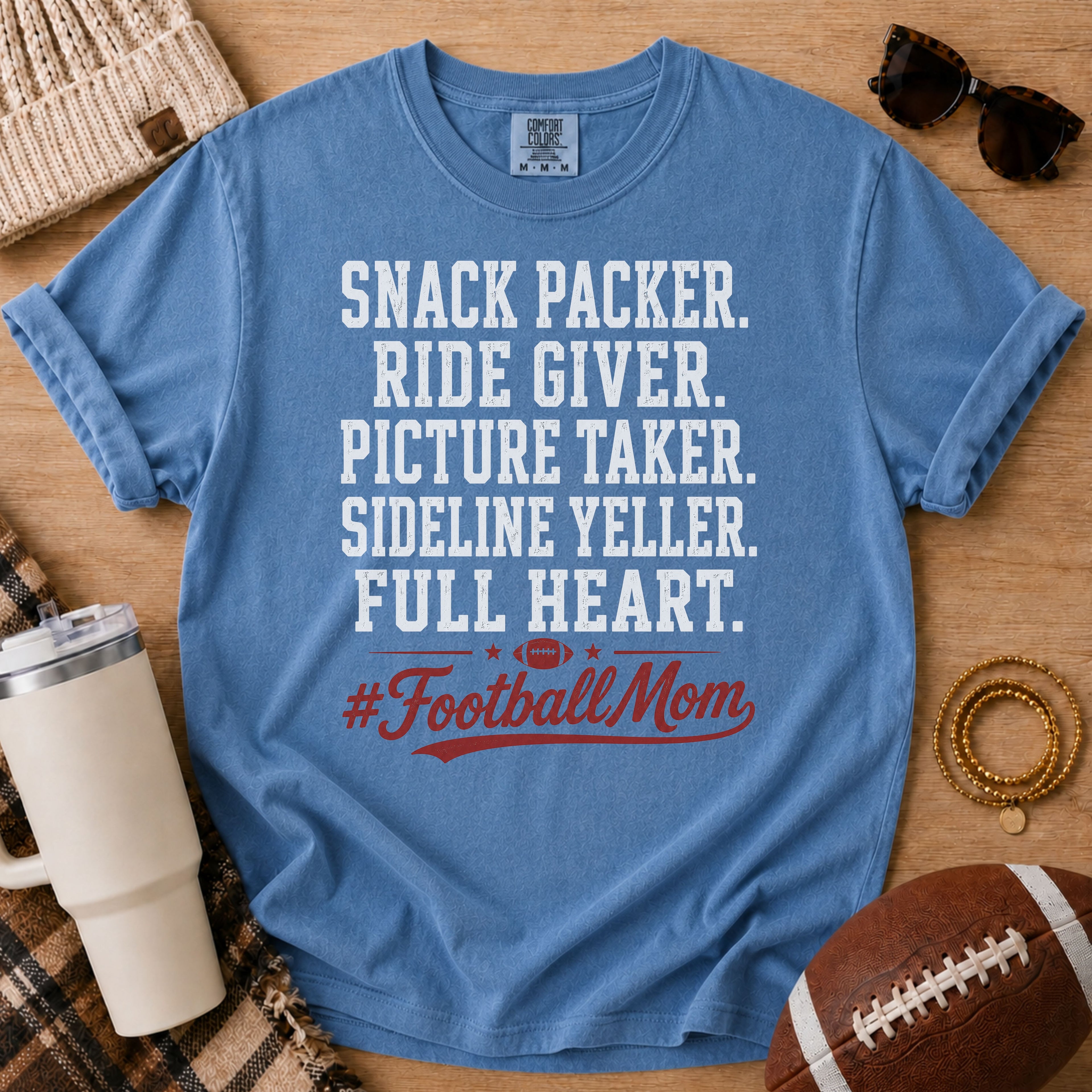 Blue Jean Comfort Colors football mom shirt with Full Heart #FootballMom design for game day.