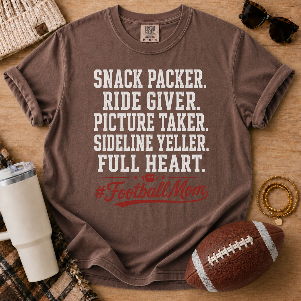 Espresso Comfort Colors football mom shirt with snack packer and sideline yeller design for football moms.