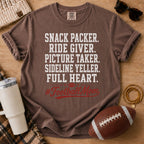 Espresso Comfort Colors football mom shirt with snack packer and sideline yeller design for football moms.