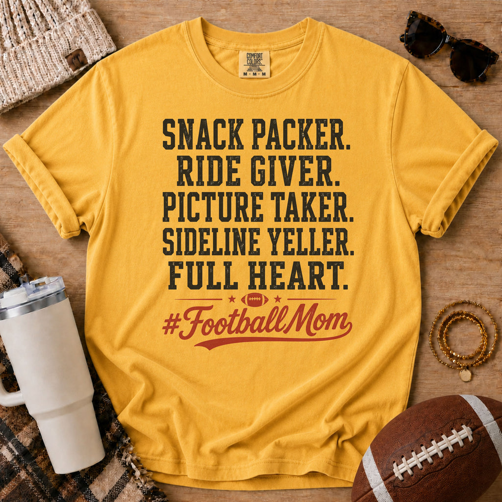 Mustard Comfort Colors football mom shirt with Full Heart design for fall game day.