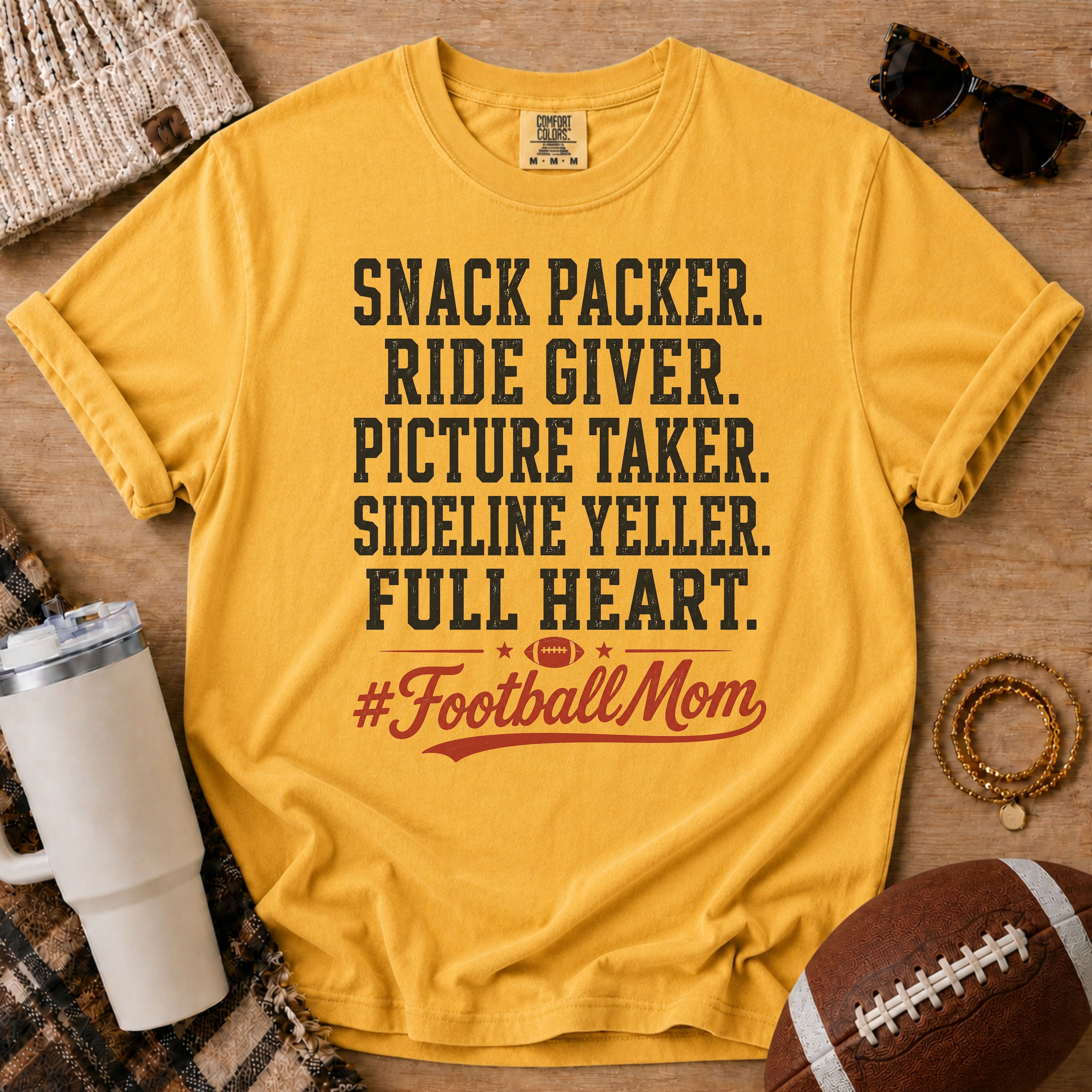 Mustard Comfort Colors football mom shirt with Full Heart design for fall game day.