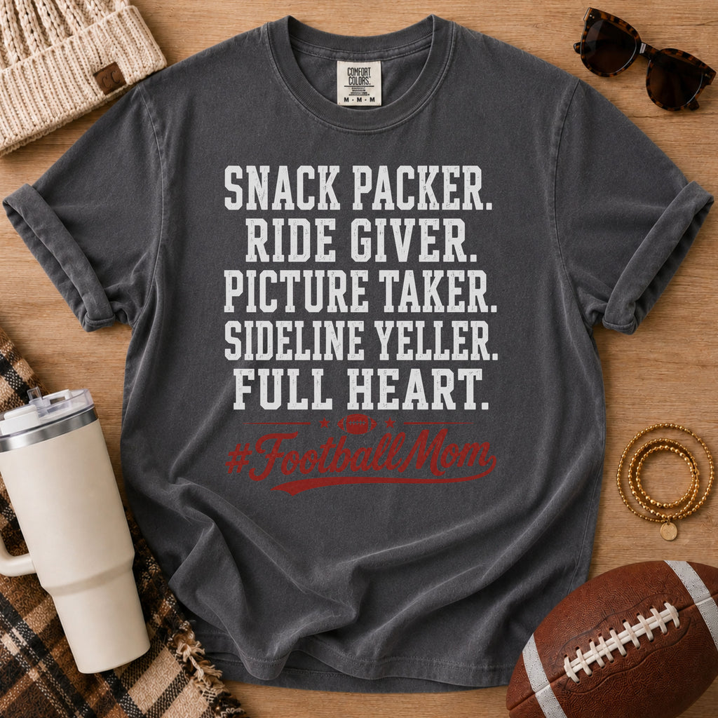 Pepper Grey Comfort Colors football mom shirt with snack packer and ride giver design.