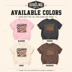 Available colors slide showing Blue Jean, Crimson, and Light Green football mom shirts.