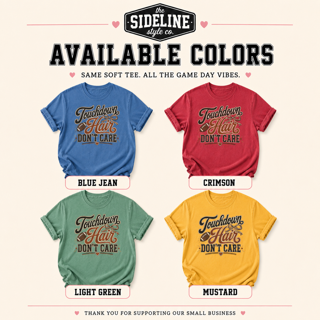 Available colors slide showing Espresso, Ivory, Blossom, and Mustard football mom shirts.