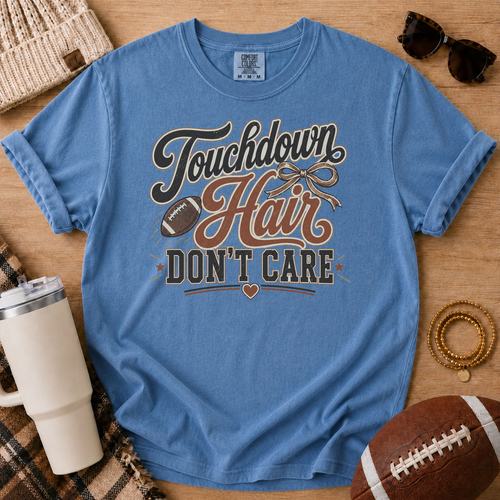 Blue Jean football mom Comfort Colors shirt with muddy football cleats design for game day.