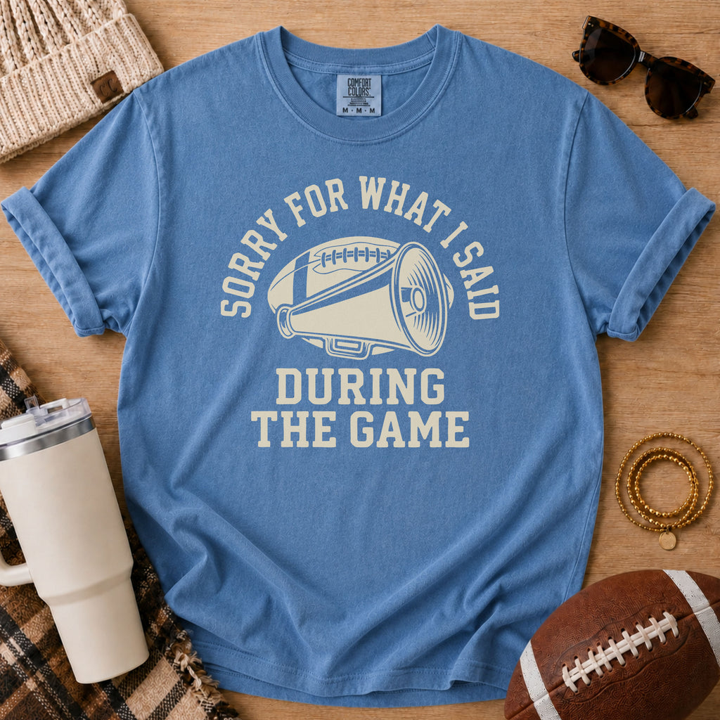 Blue Jean Comfort Colors football mom shirt with funny sideline football mom design.