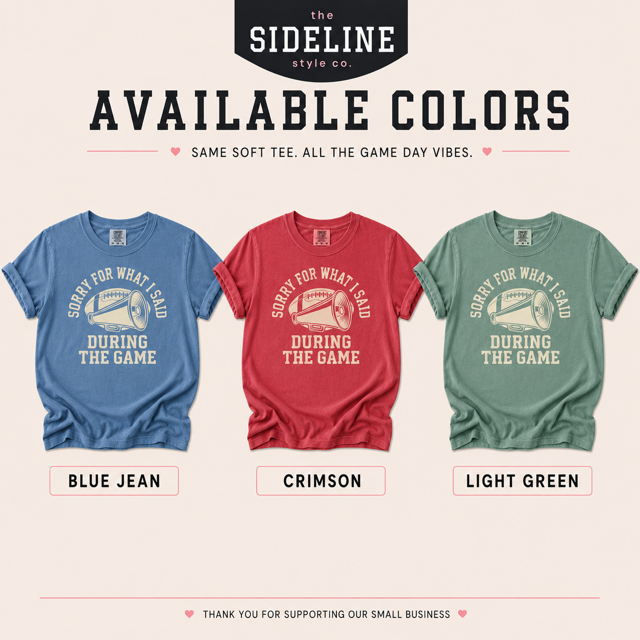 Available colors slide showing Blue Jean, Crimson, and Light Green football mom shirts.