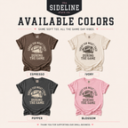 Available colors slide showing Espresso, Ivory, Pepper, and Blossom football mom shirts.
