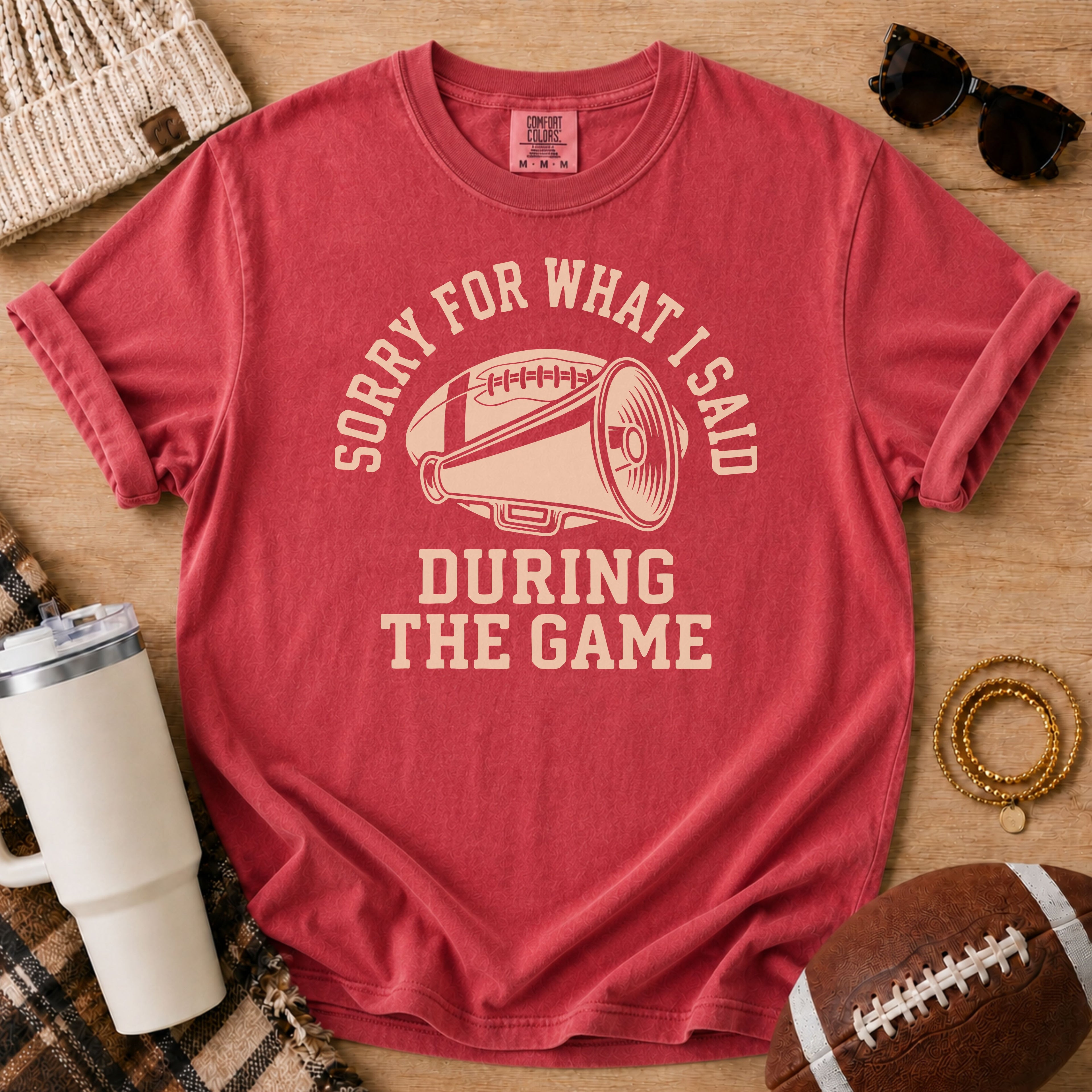 Crimson Comfort Colors football mom shirt with megaphone game day design.