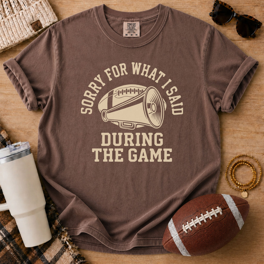 Espresso Comfort Colors football mom shirt with megaphone design for game day.